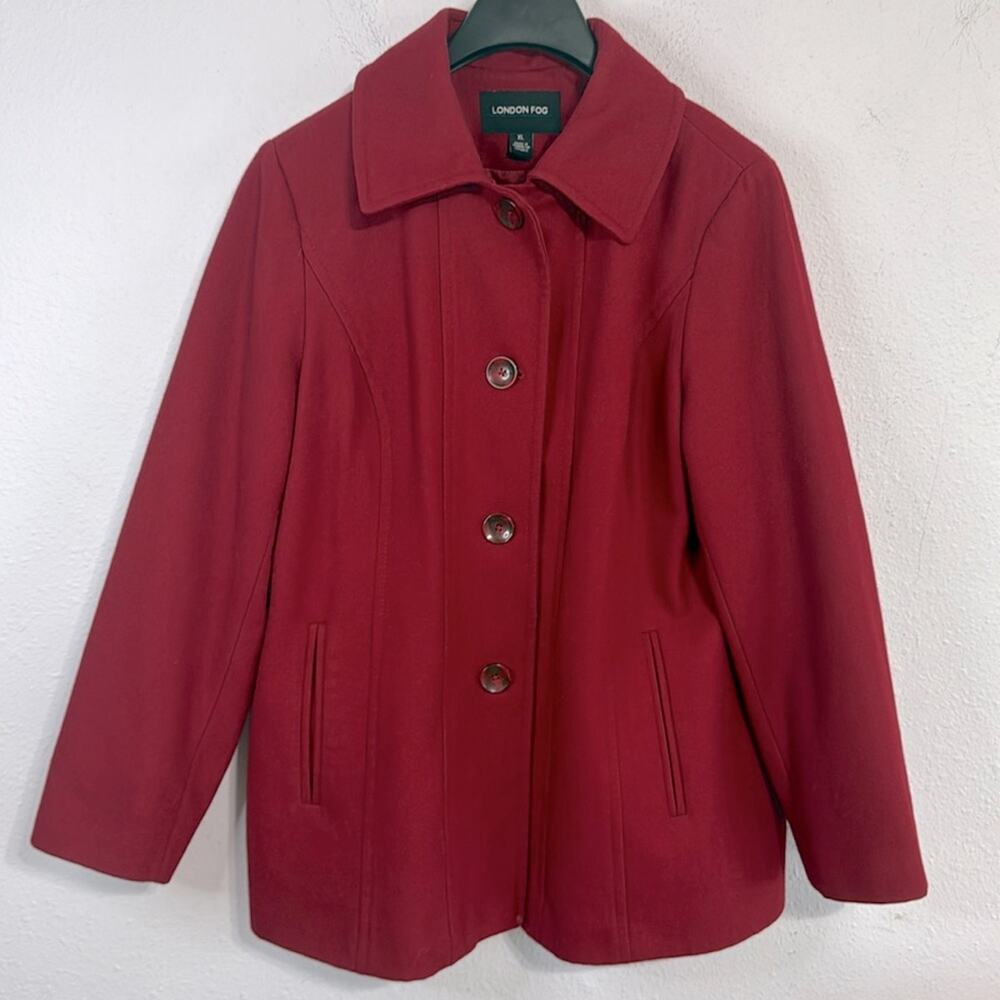 London Fog Scarlet Red Pea Coat Classic Wool-Blend Button Down Coat Size XL